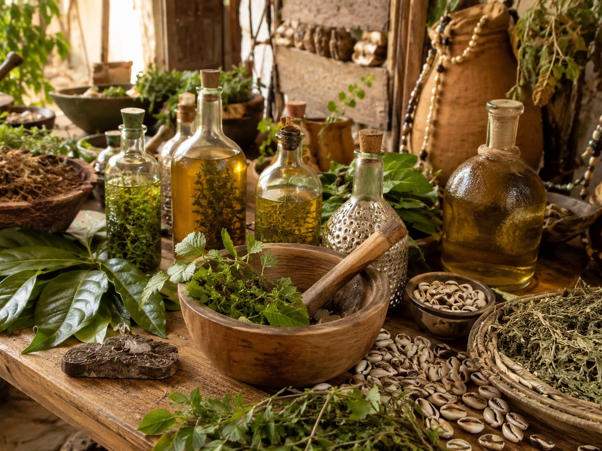 Plantes fraîches, fioles d’huiles et mortier de bois sur la table de préparation