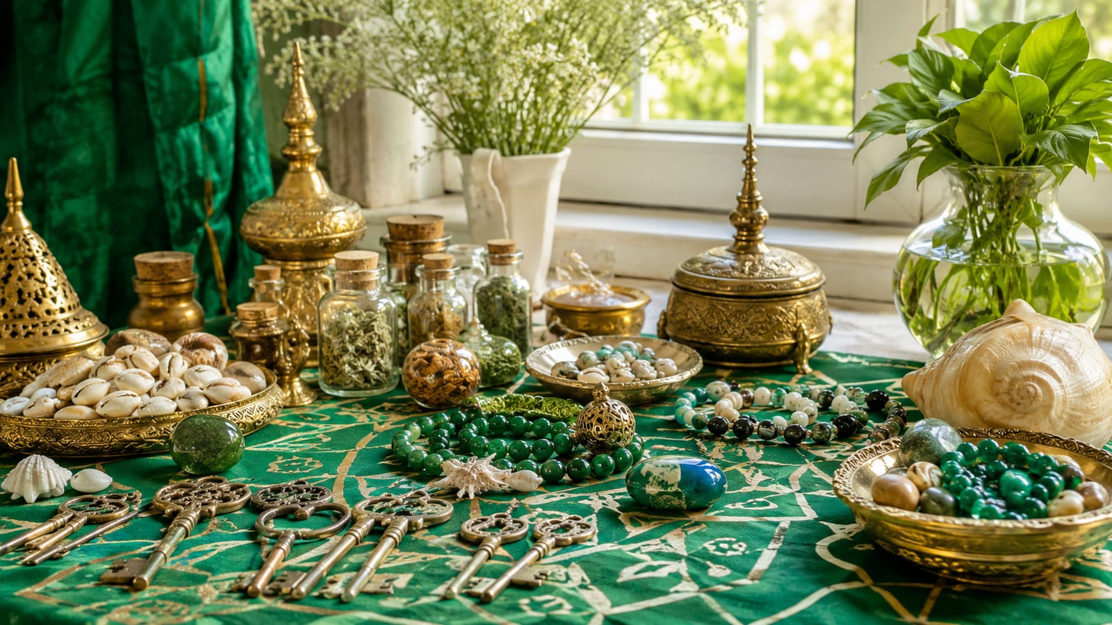 Coffrets dorés, perles vertes et clés anciennes disposés près d’une fenêtre ensoleillée