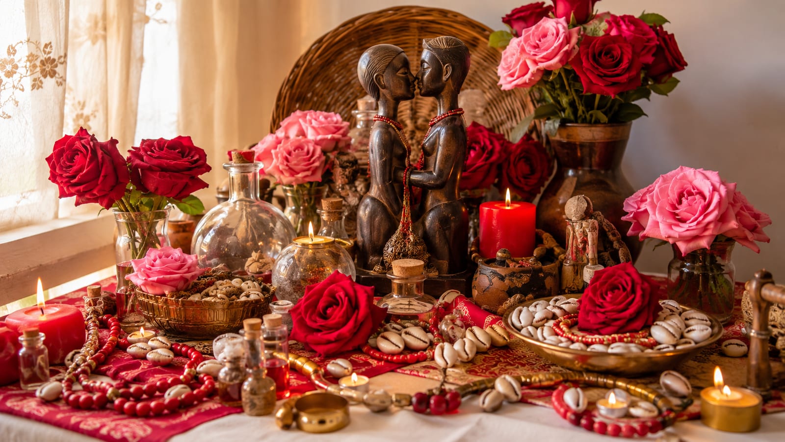 Table de rituel ornée de roses rouges, de cauris et de deux statuettes enlacées