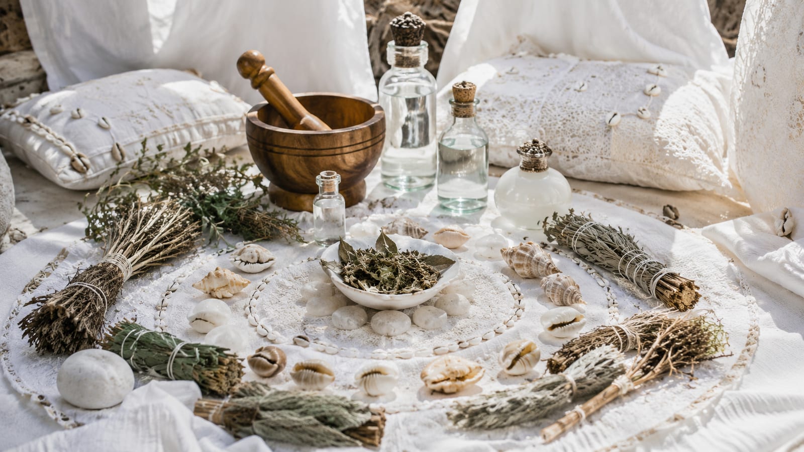 Bouquets de sauge séchée, coquillages et mortier de bois sur une étoffe blanche