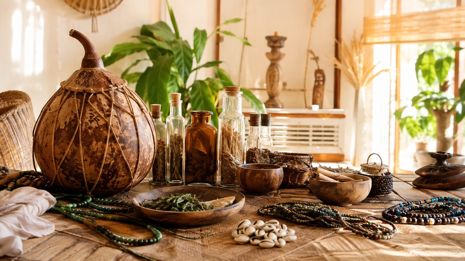 Calebasse tressée, fioles de plantes et colliers de perles sur une natte, en plein jour