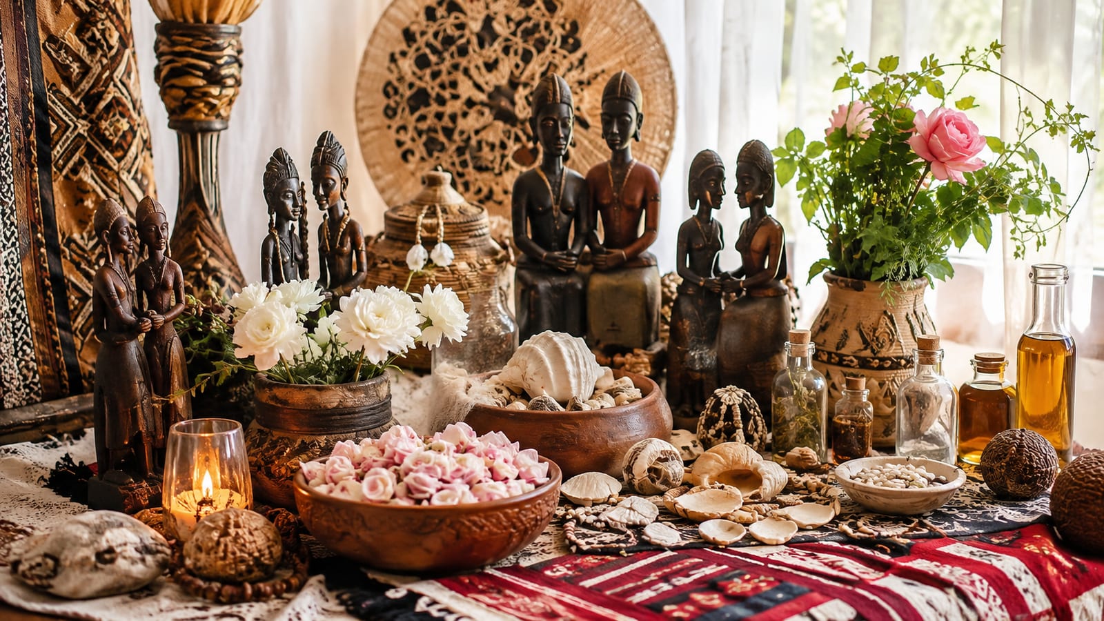 Statuettes familiales, fleurs blanches et coupes de cauris sur une table baignée de lumière